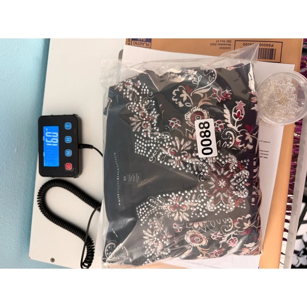 White House Black‎ Market Embroidered Black 3/4 Sleeve V Neck Dress XS